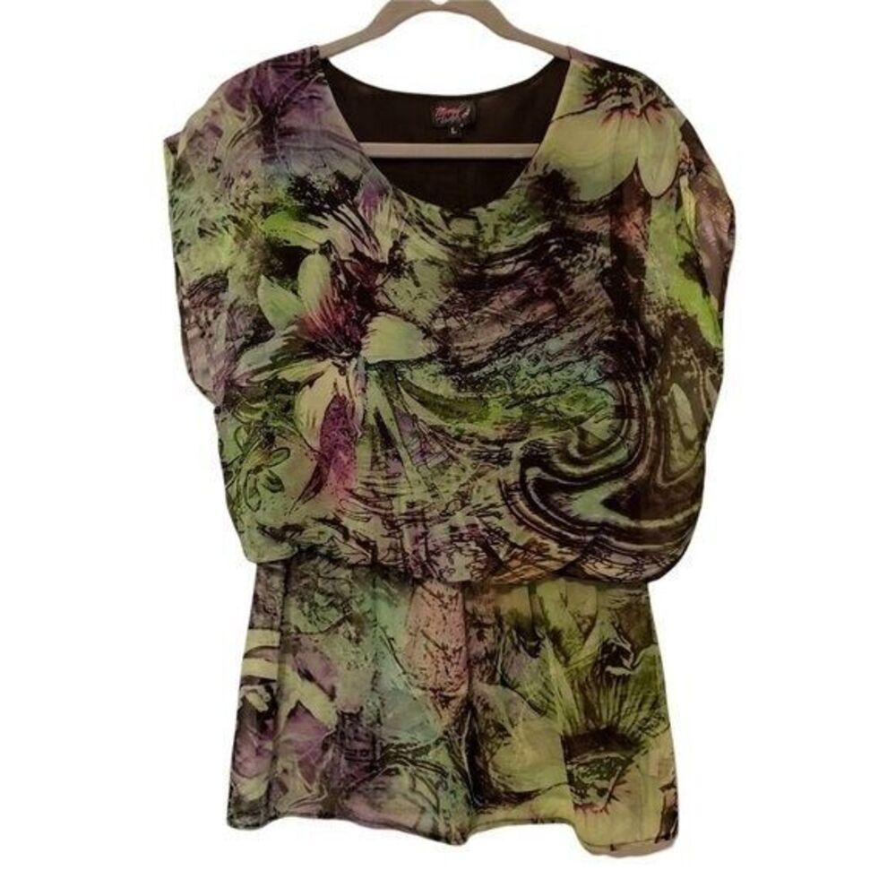 Mango Tango Womens Sz L Green  Geometric Cap Sleeve Blouse